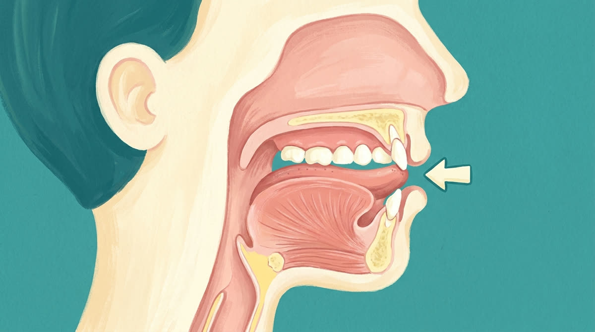 Coupe de la bouche : la pointe de la langue touche les dents du haut