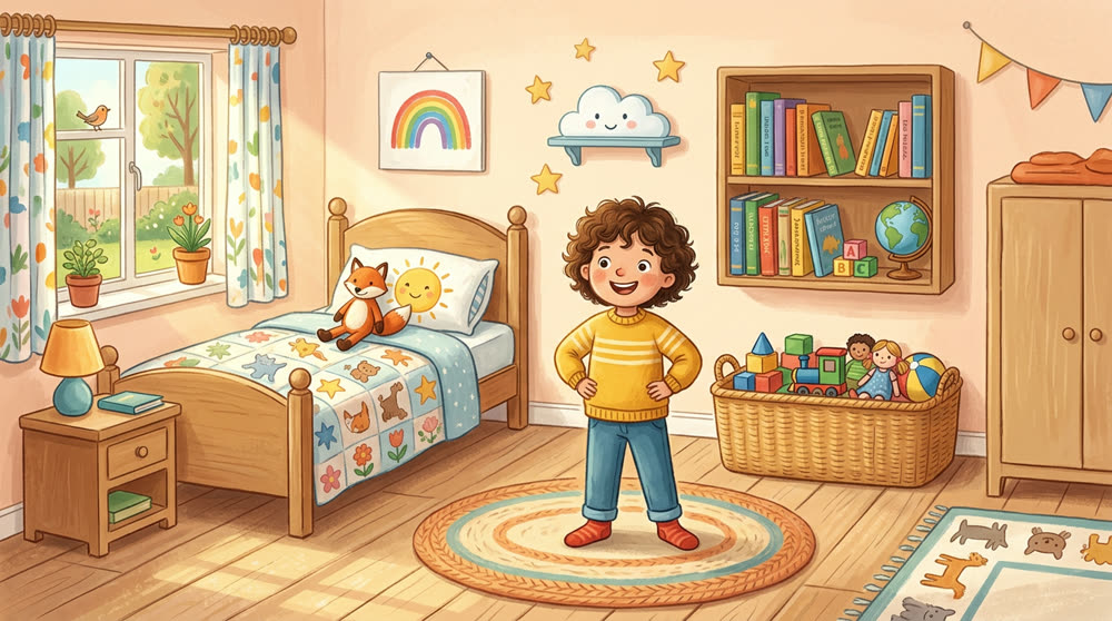 Un enfant devant sa chambre rangée, satisfait
