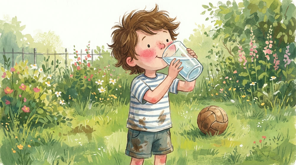 Un enfant qui boit un grand verre d'eau après avoir couru