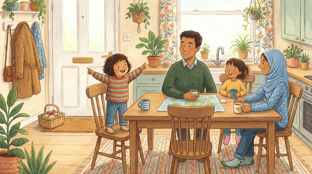 Une famille qui prépare une visite, un cadeau près de la porte