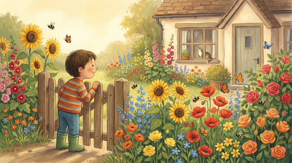 Un enfant qui admire un jardin en fleurs
