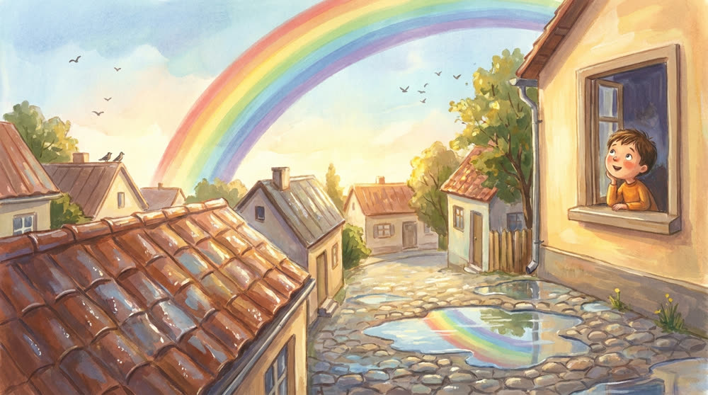 Un arc-en-ciel au-dessus des toits après la pluie