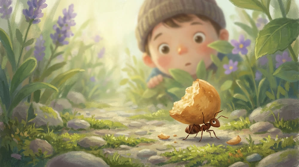 Une fourmi portant une miette bien plus grosse qu'elle