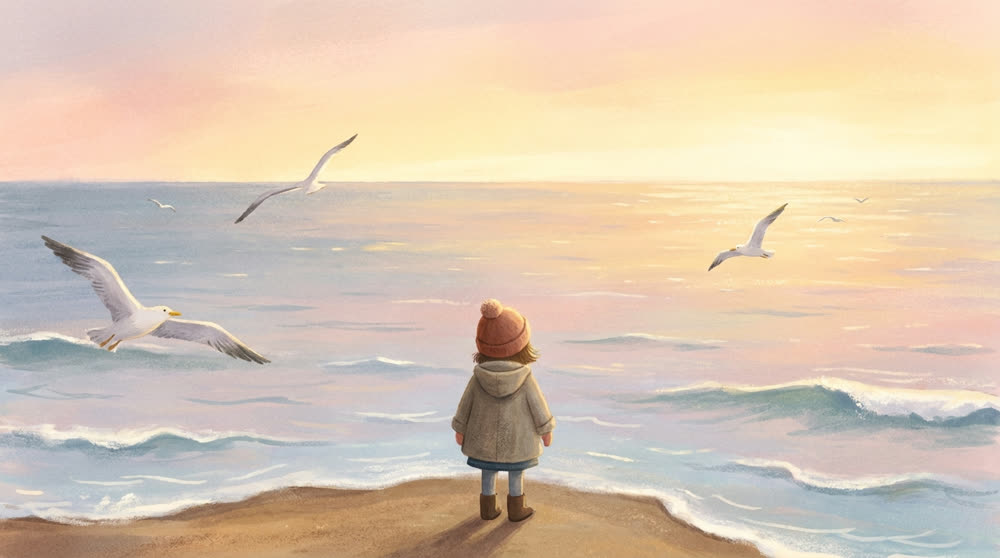 Un enfant devant la mer immense, au soir