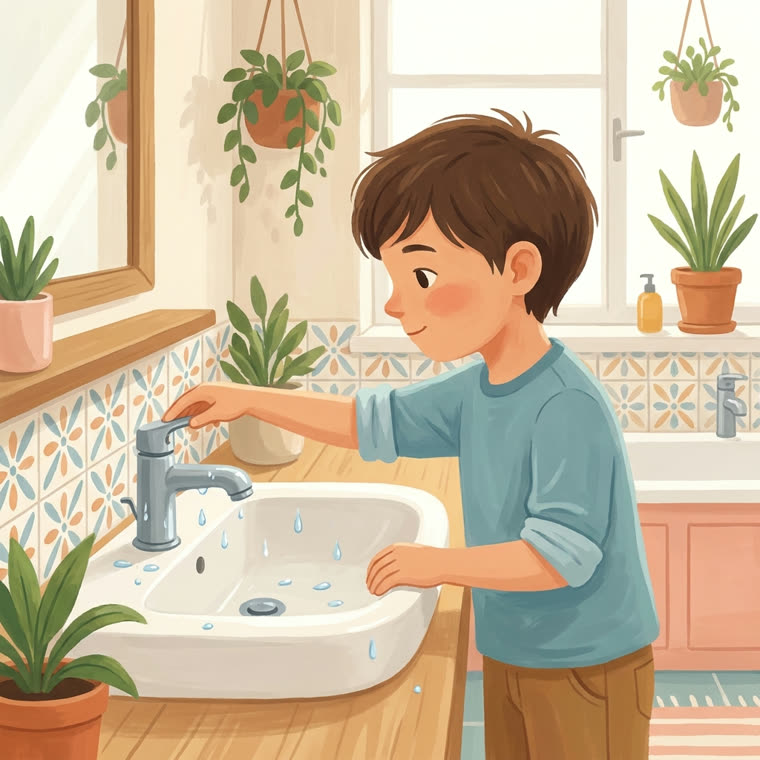 Un enfant ouvre le robinet pour faire ses ablutions
