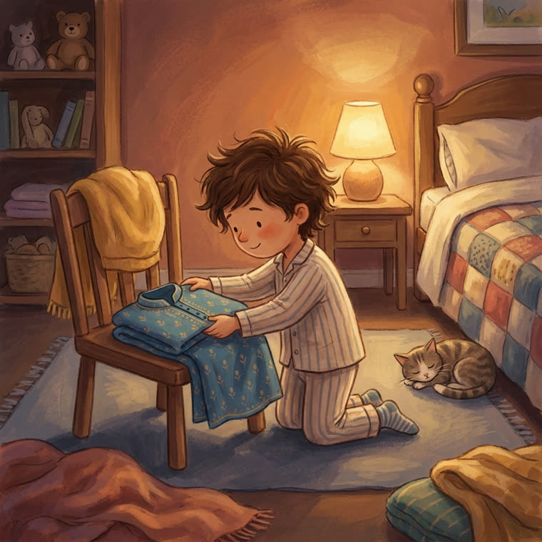 Un enfant plie ses vêtements le soir