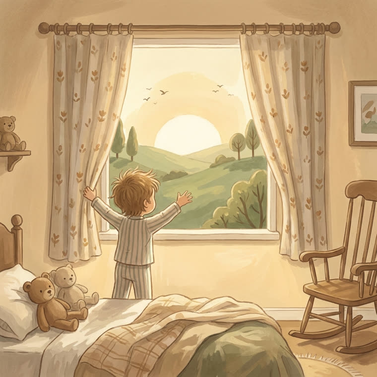 Un enfant ouvre les rideaux sur le soleil du matin