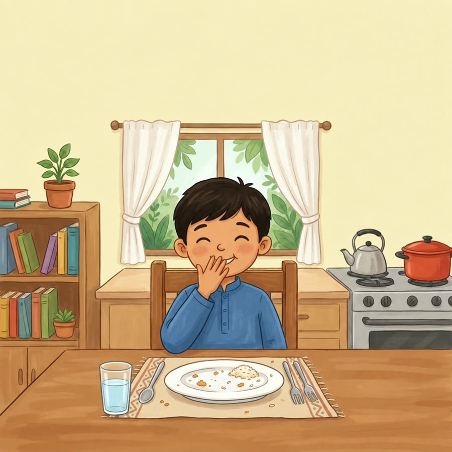 Un enfant qui se rappelle le Bismillâh au milieu du repas