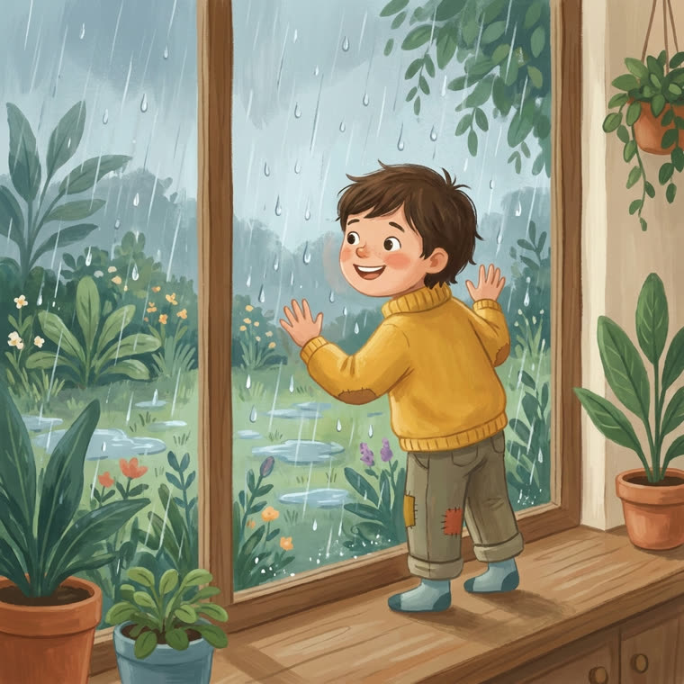 Un enfant regarde la pluie par la fenêtre