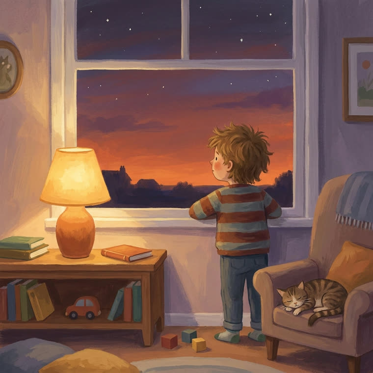 Un enfant regarde le ciel du soir
