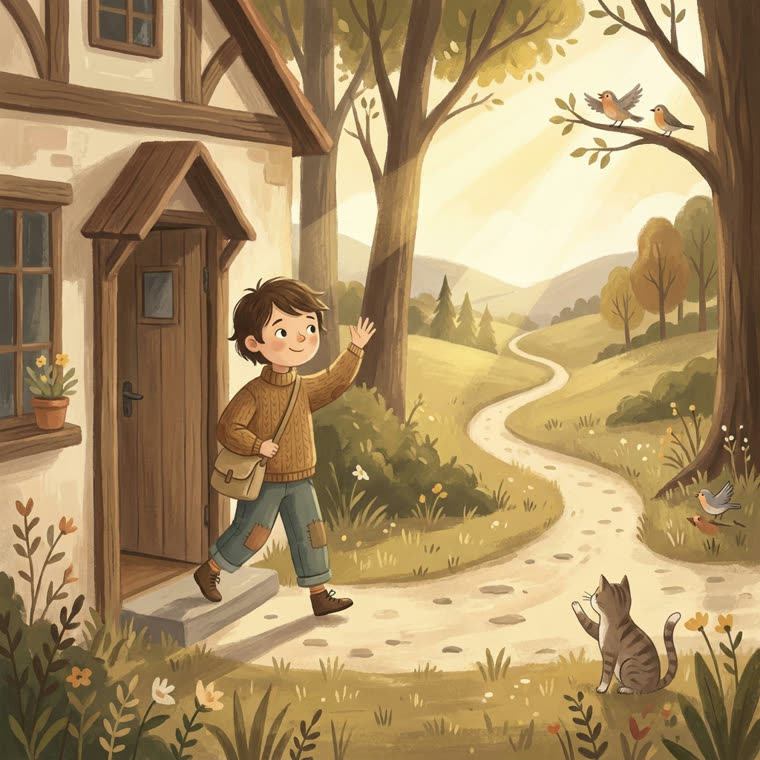 Un enfant sort de la maison
