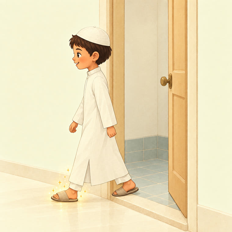 Un enfant sort des toilettes du pied droit