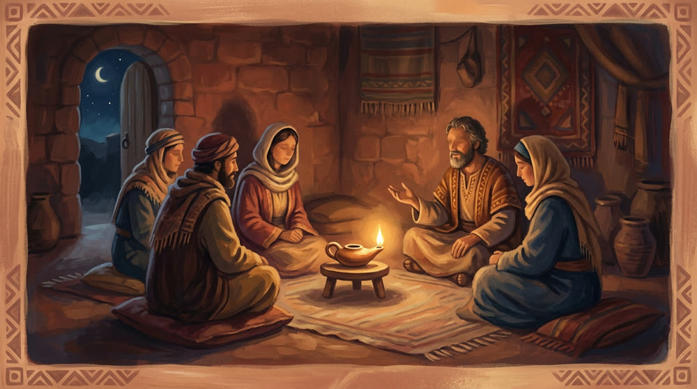 Un petit groupe réuni le soir autour d'une lampe à huile