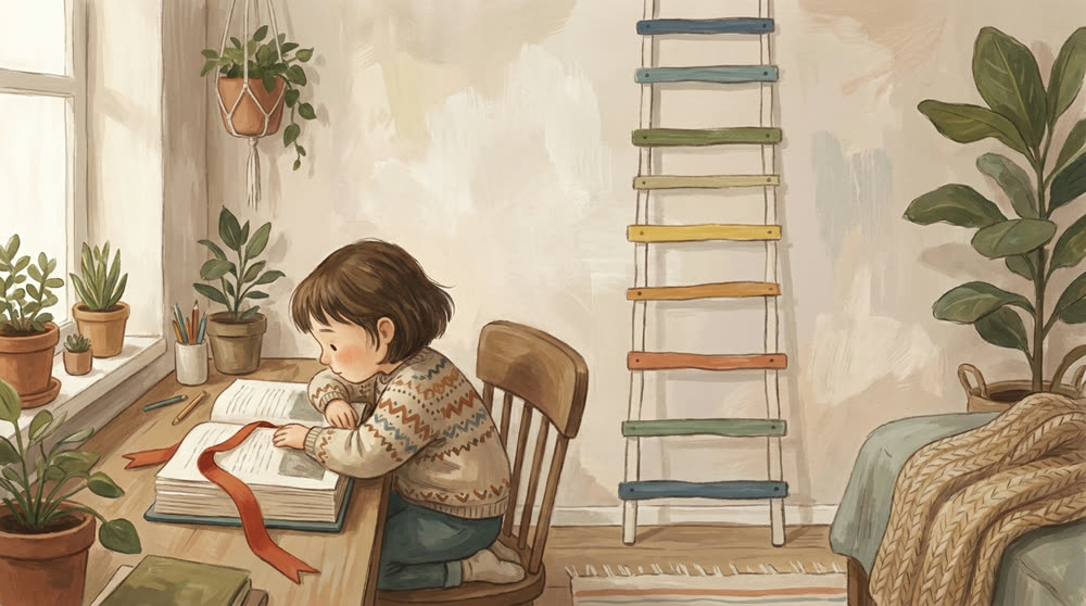 Un enfant qui lit, une échelle de progrès au mur