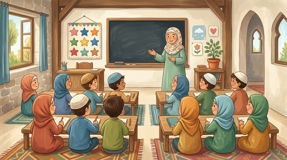Une classe de madressah, tableau de progrès au mur