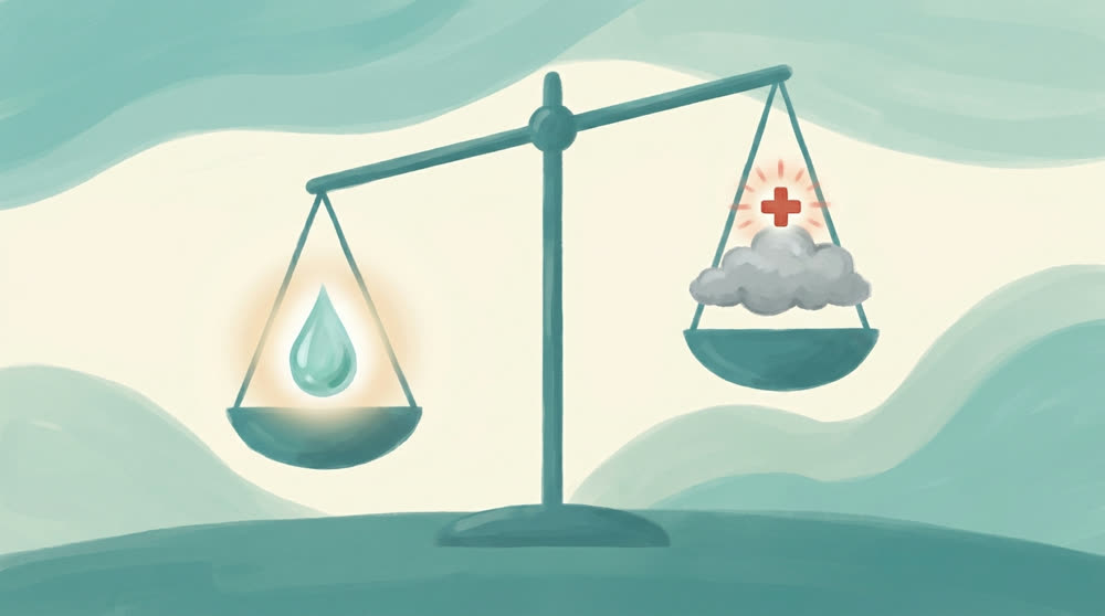 Une balance entre une goutte pure et un petit nuage barré