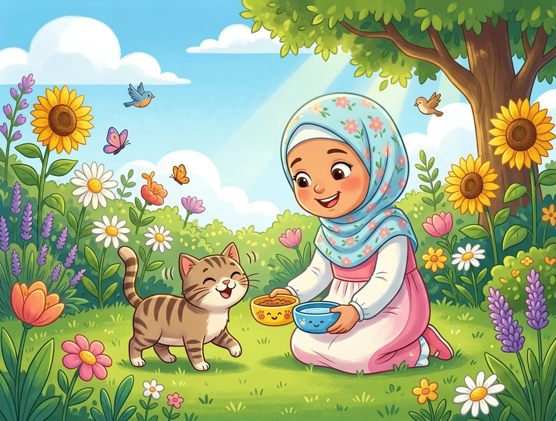Une petite fille qui donne à manger et à boire à un chat