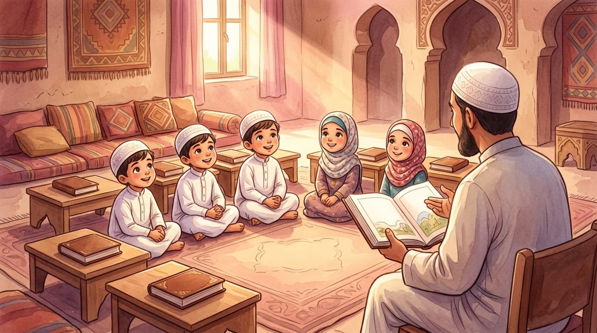 Des enfants écoutent leur oustâd raconter la vie du Prophète ﷺ