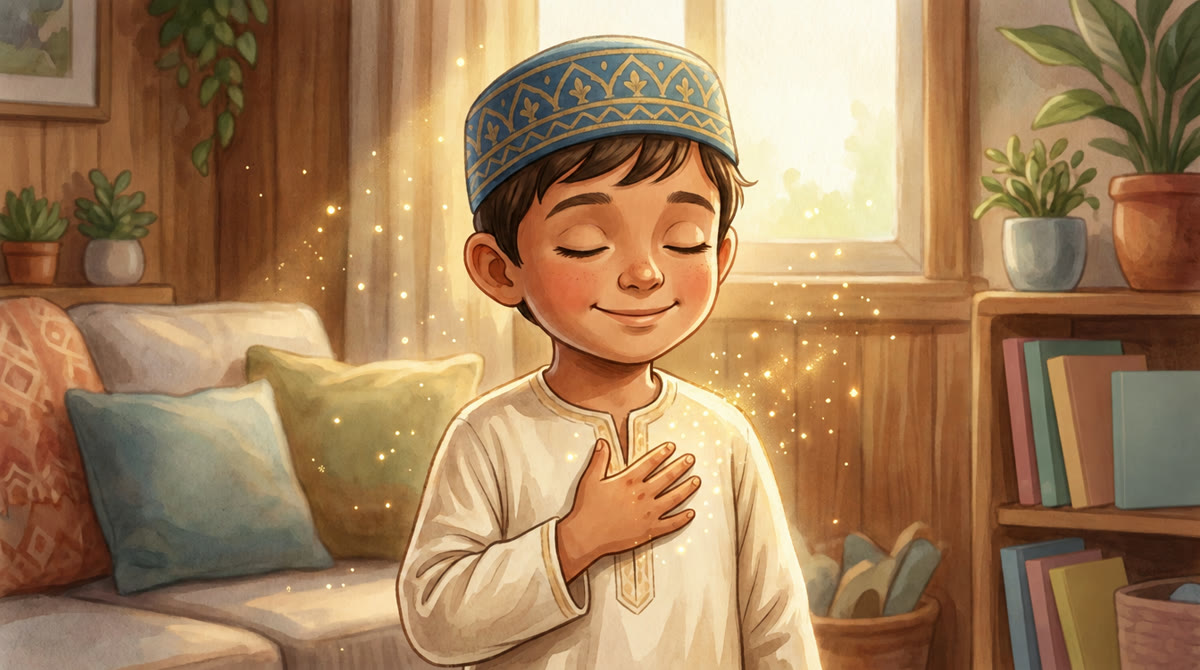 Un enfant, la main sur le cœur, qui dit sallallâhou 'alayhi wa sallam