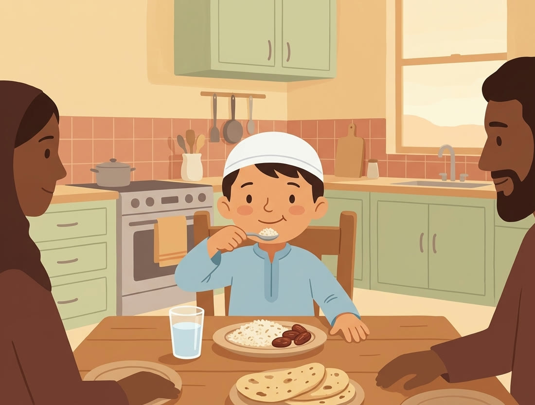 Un enfant qui mange de la main droite, à table en famille