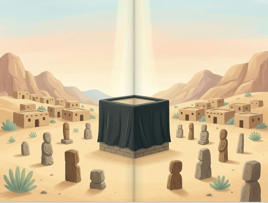 La Ka'bah de l'époque, entourée d'idoles de pierre et de bois