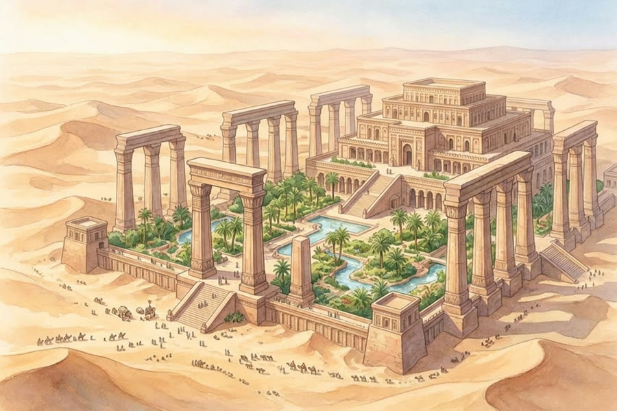 La cité de 'Âd, ses grands piliers et ses jardins au milieu des dunes