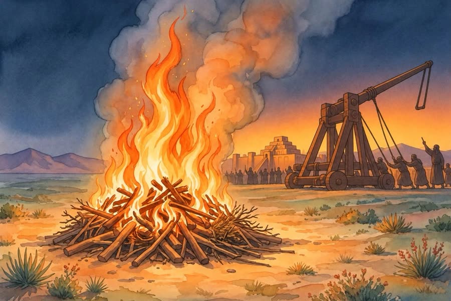Un feu immense aux flammes très hautes, et la machine préparée par le roi