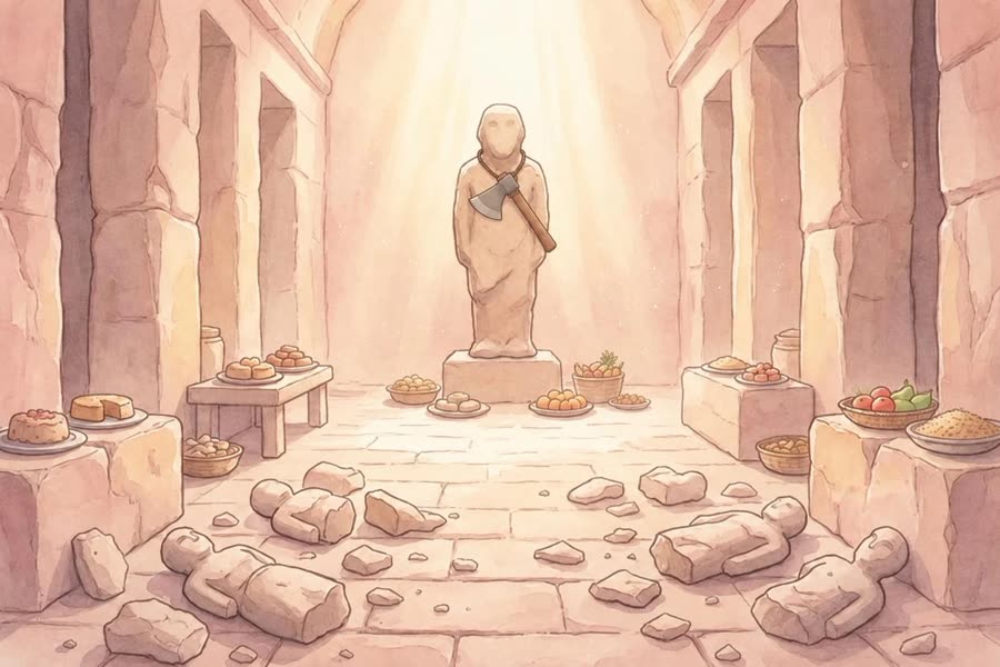 Les idoles brisées, sauf la plus grande, qui porte la hache