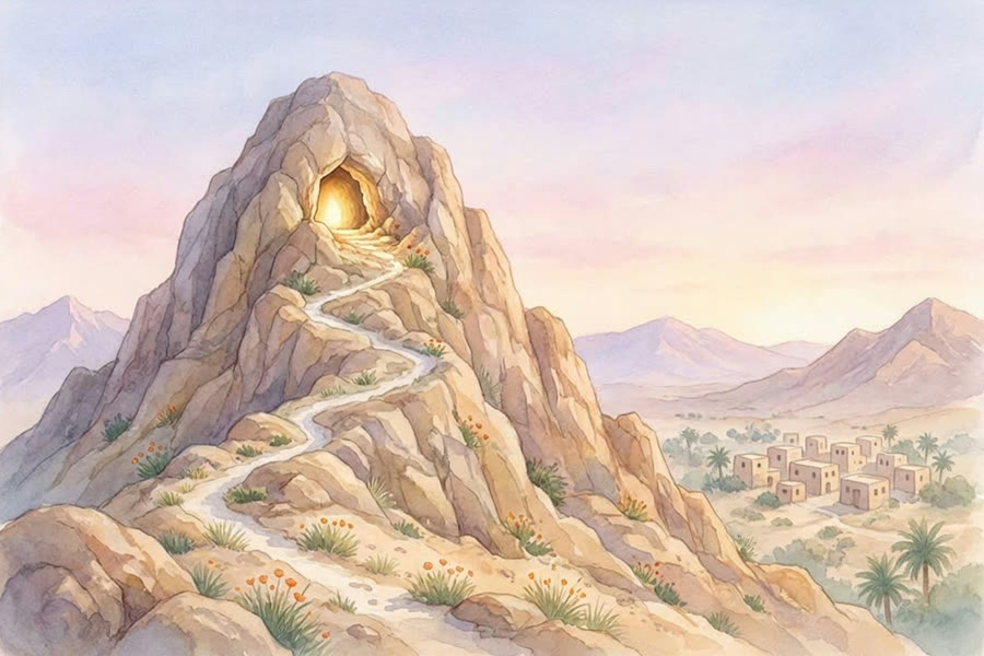La montagne de lumière et le sentier qui monte vers la grotte de Hirâ