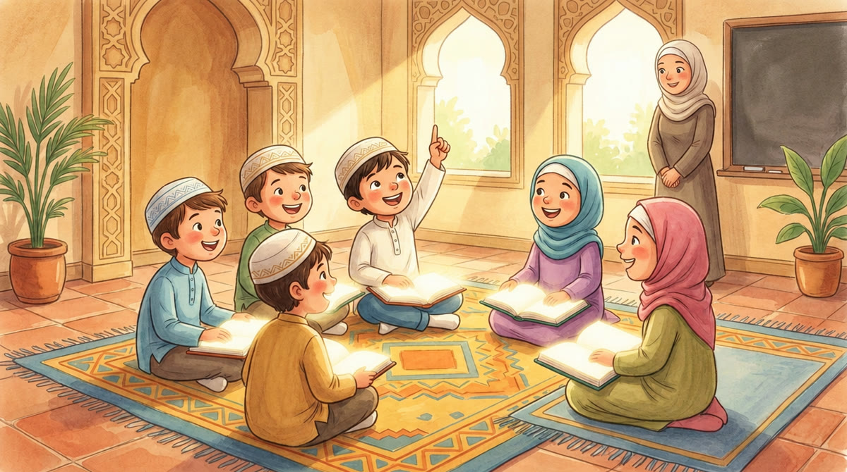 Des enfants récitent ensemble les formules sacrées