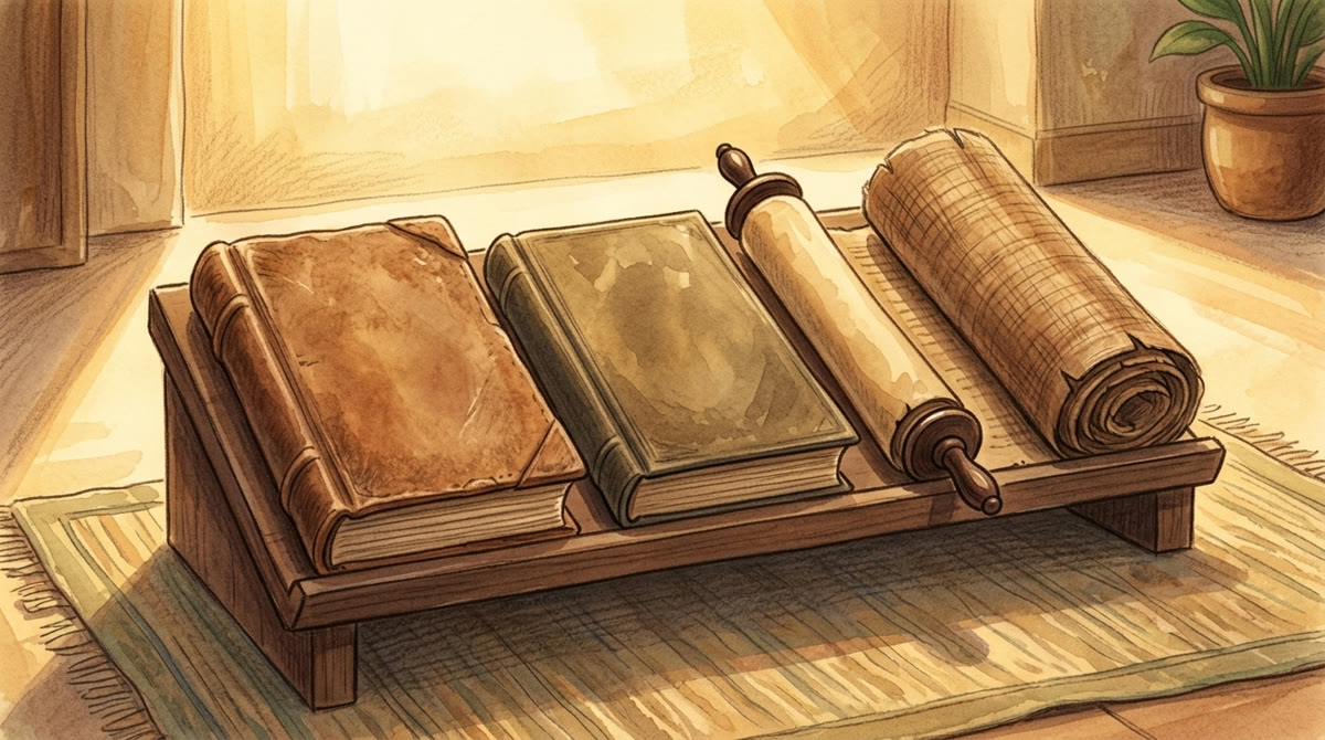 Quatre livres anciens fermés, dans une douce lumière