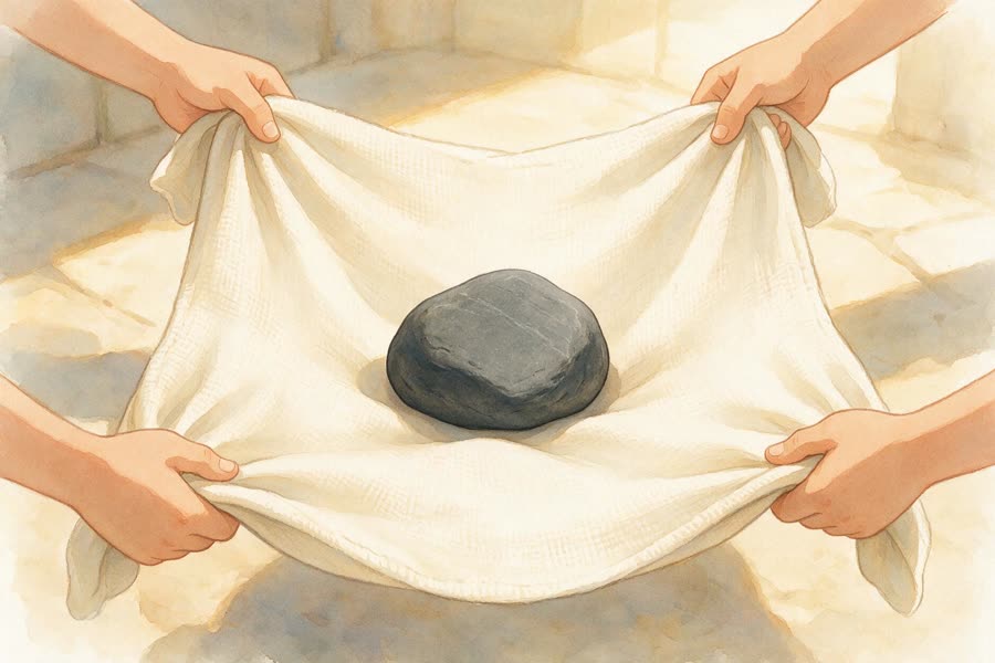 Quatre mains tenant les coins d'un drap