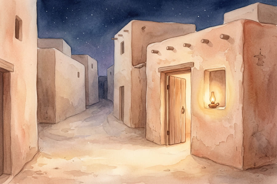 Une ruelle de Makkah la nuit, une porte entrouverte