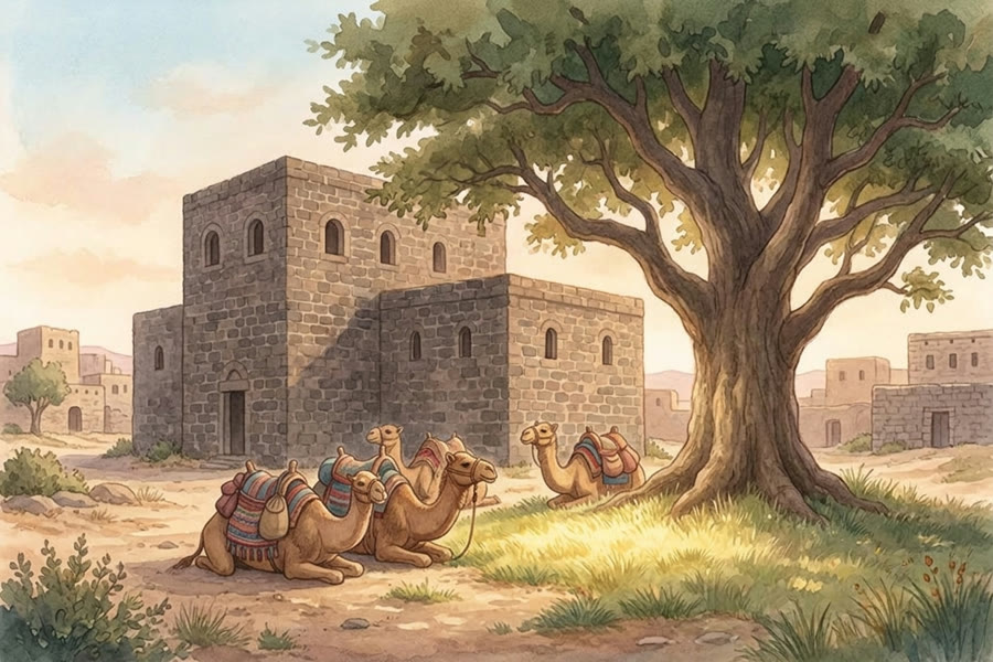 Bousrâ : un vieux monastère de pierre et un grand arbre à l'ombre douce