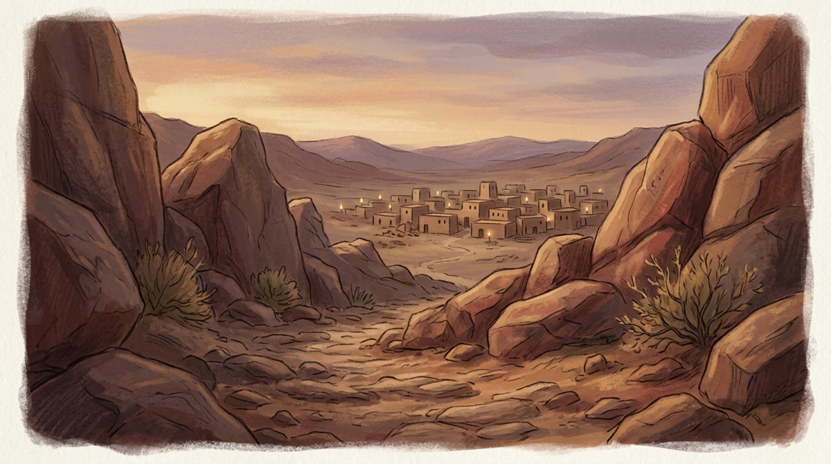 Un sentier caché entre les rochers, près de Makkah, au crépuscule