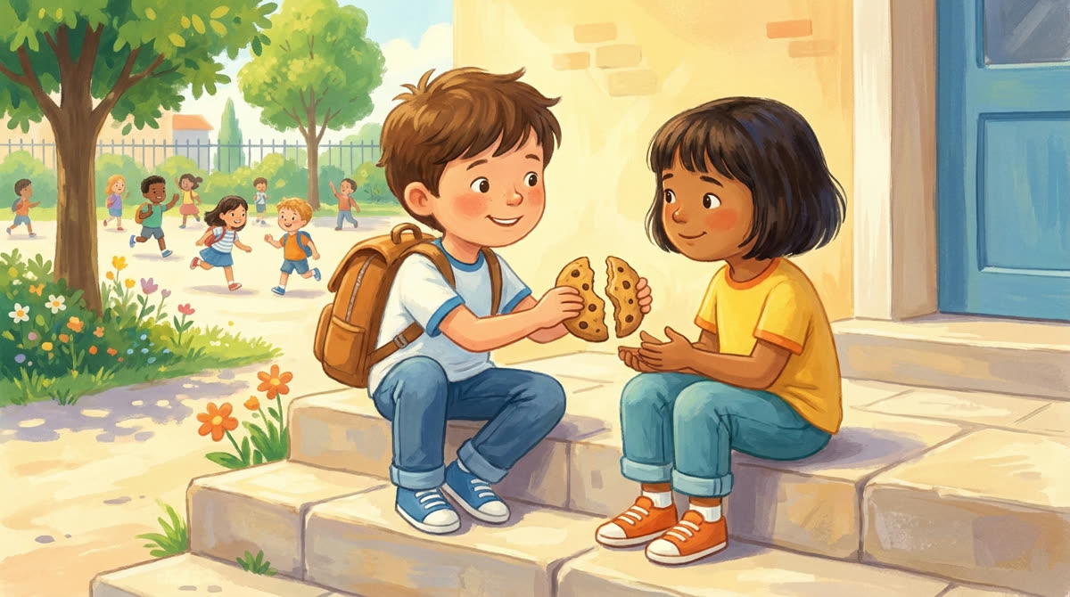 Deux enfants qui partagent leur goûter
