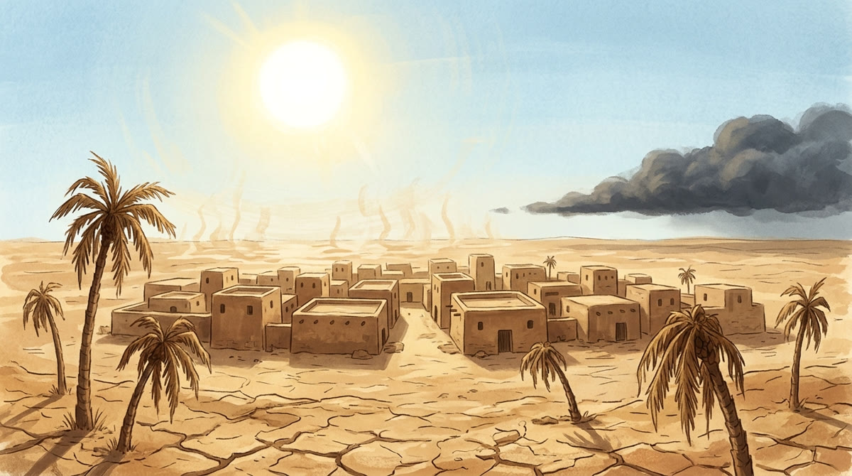 Un soleil brûlant au-dessus d'une ville à la terre craquelée