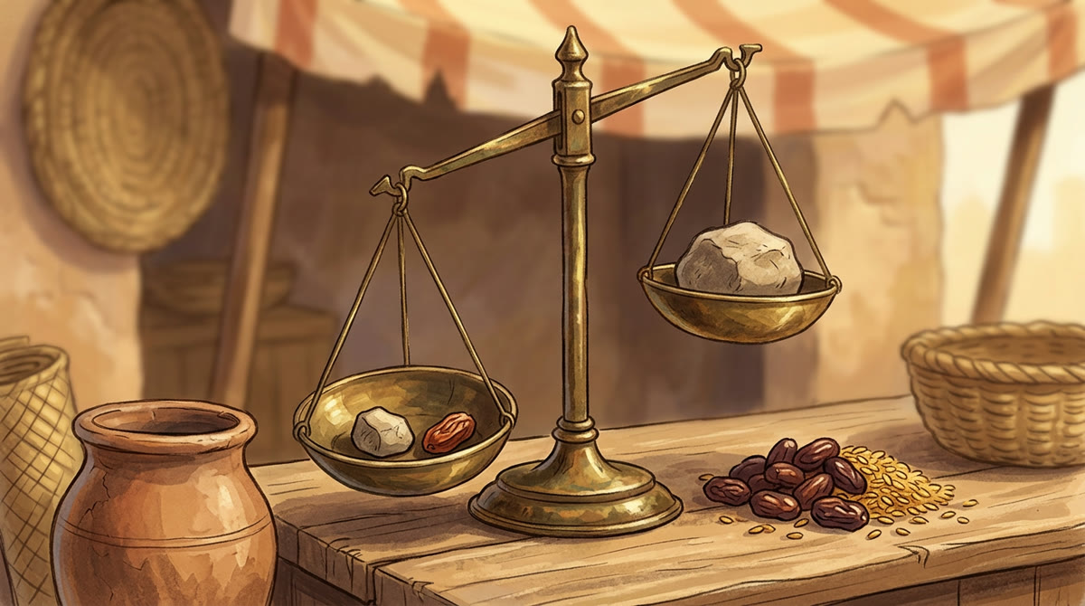 Une balance truquée sur un étal de marché