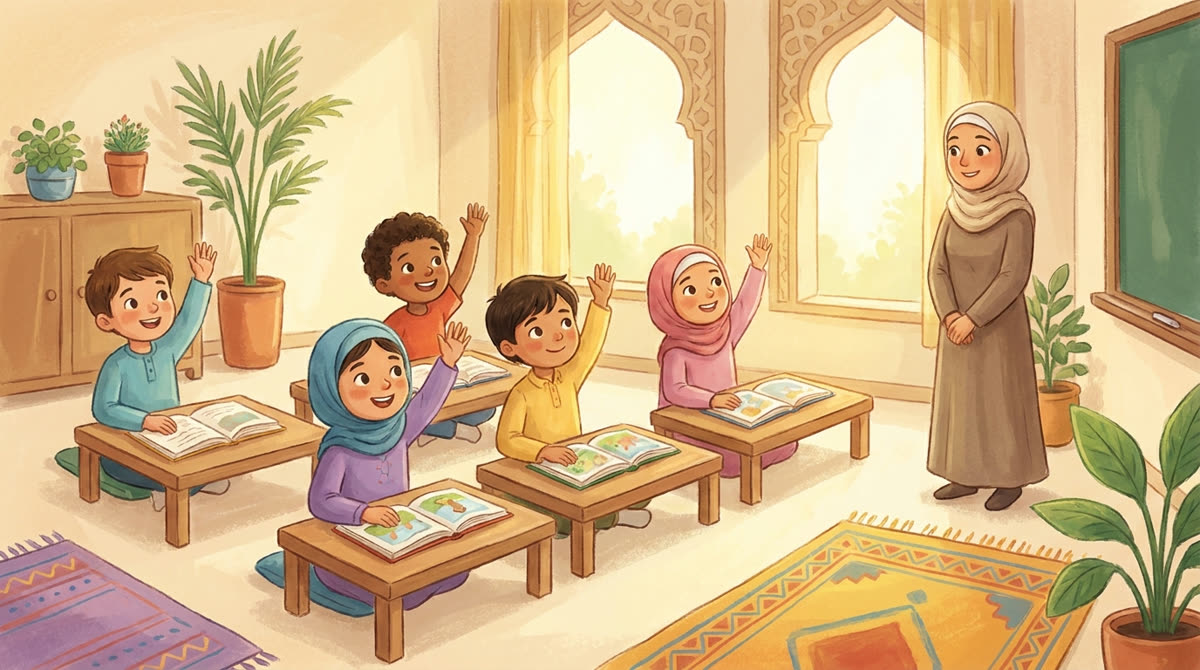 Des élèves attentifs dans une salle de madressah