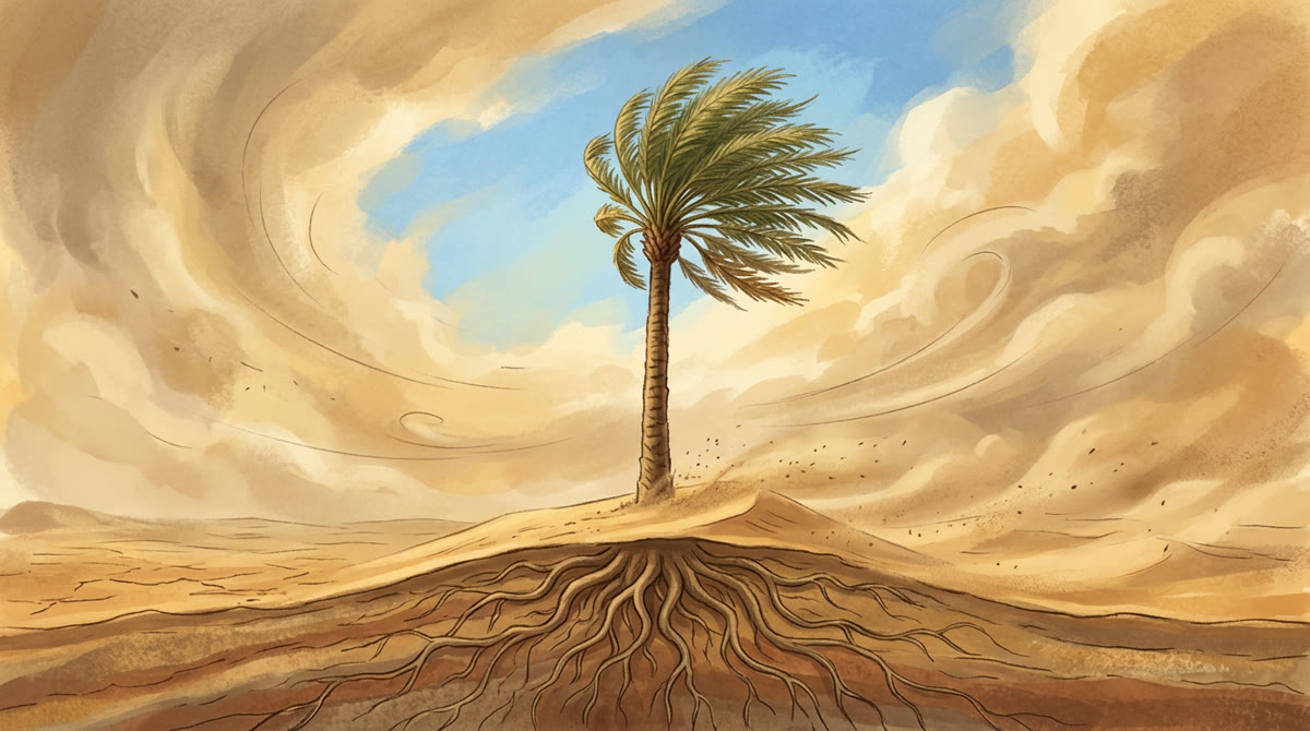 Un palmier qui tient bon dans la tempête de sable