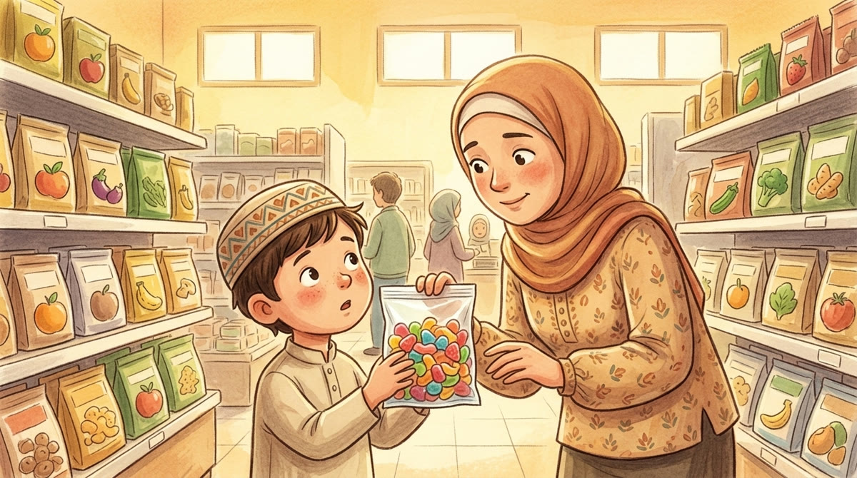 Un garçon demande à sa maman si ces bonbons sont halâl