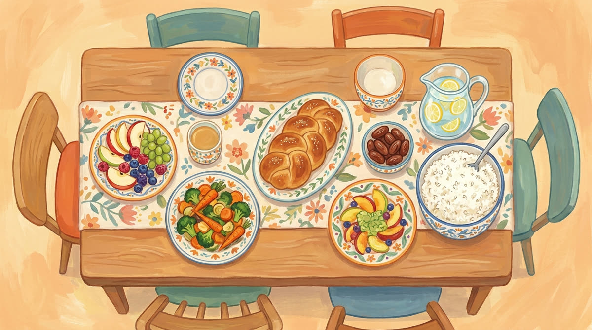 Une table avec des fruits et des aliments halâl