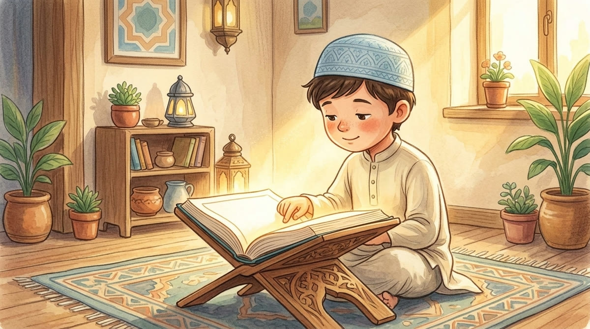 Un garçon lit calmement le Qour'âne sur un rehal