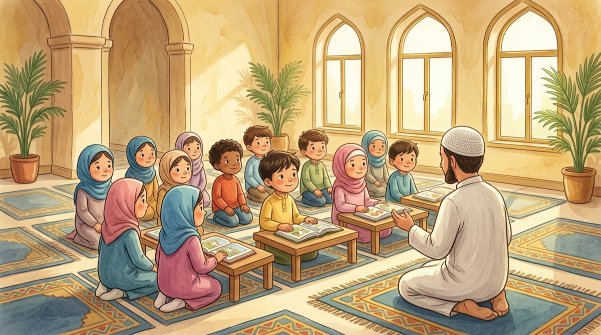 Des enfants écoutent attentivement un cours à la mosquée