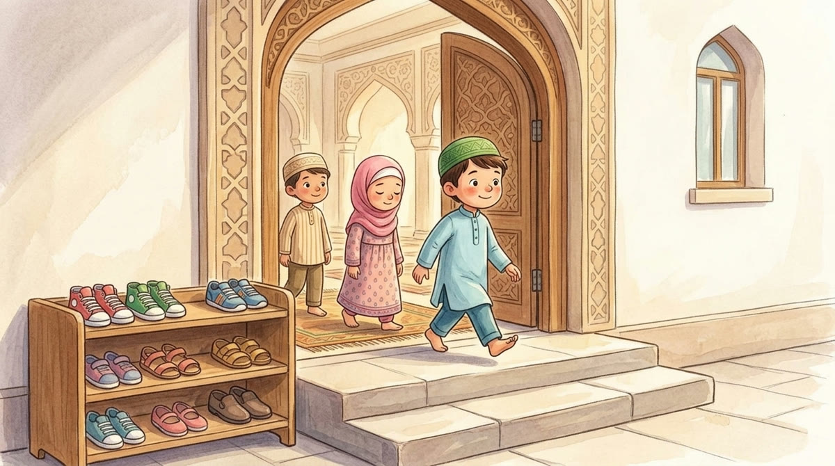 Des enfants entrent calmement dans la mosquée, du pied droit