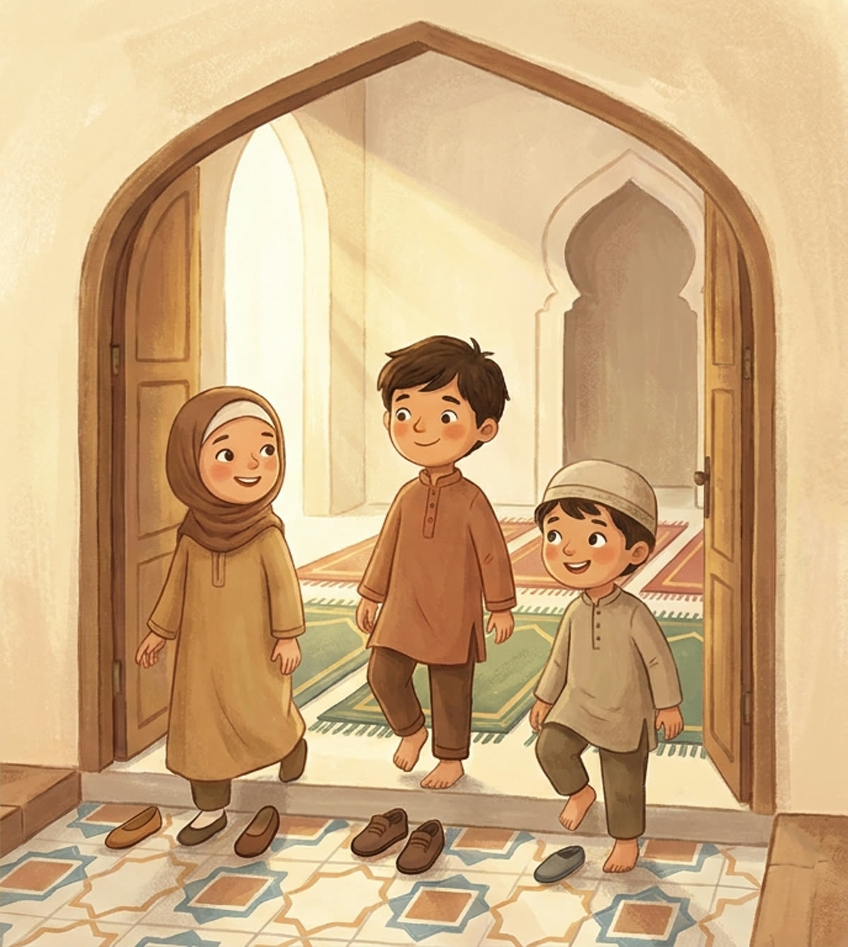 Des enfants qui entrent calmement dans la mosquée