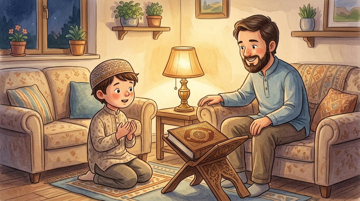 Un garçon récite à son papa ce qu'il a mémorisé