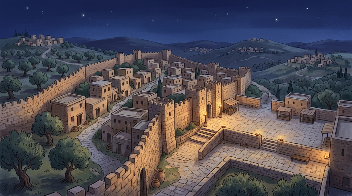 L'ancienne Jérusalem, ses remparts et ses oliviers, la nuit