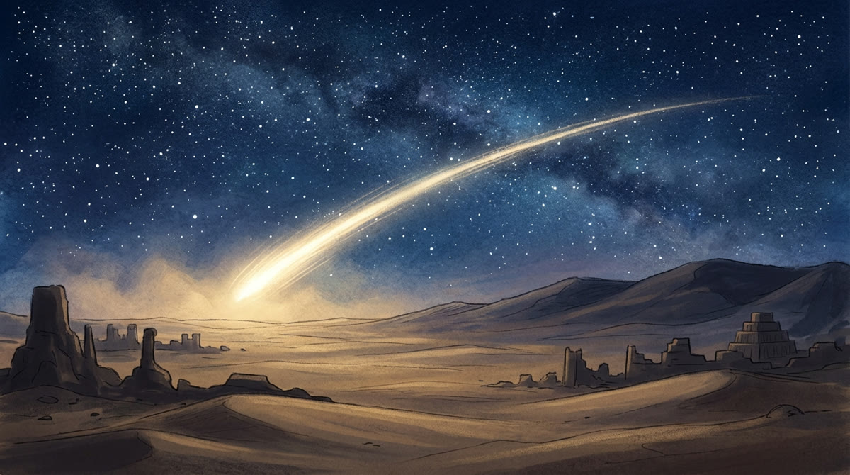 Une traînée de lumière qui traverse le ciel au-dessus du désert