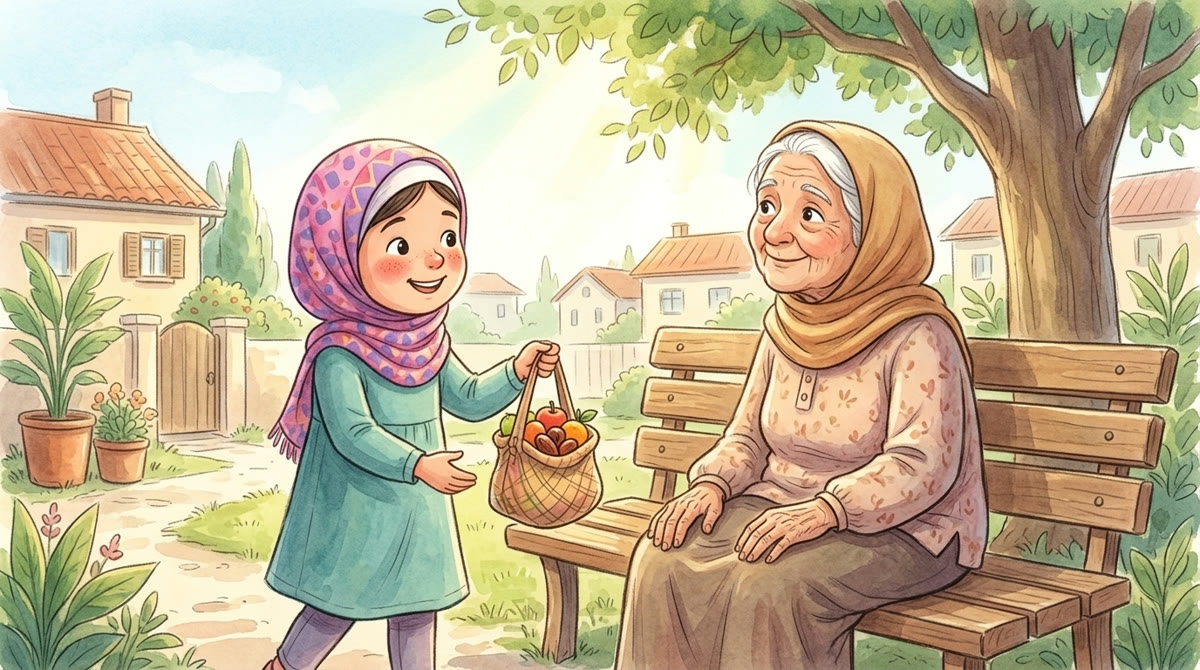 Une fillette offre un sourire et des fruits à une voisine âgée